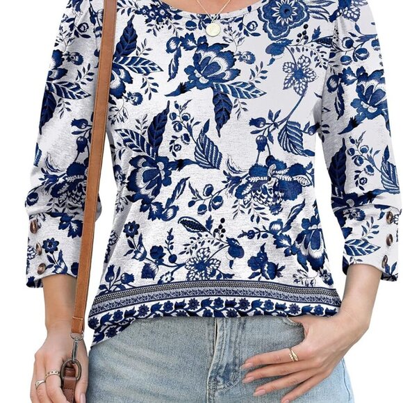 Womens Tops 3/4 Sleeve with Buttons Dressy Casual Blouses Summer Outfits Beach V - Picture 3 of 5